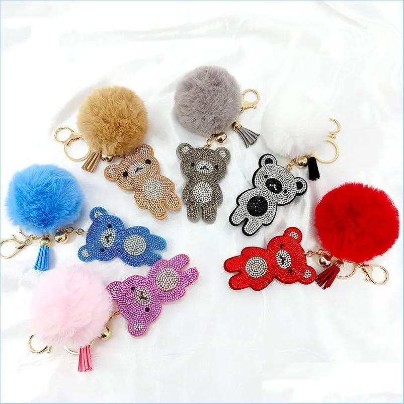 Keychains Lanyards Korean Veet Rhinestone Cute Bear Fur Ball Key Ring Pendant Pompon Jewelry Bag Hanging Accessories 12 Styles Dro Dhitx