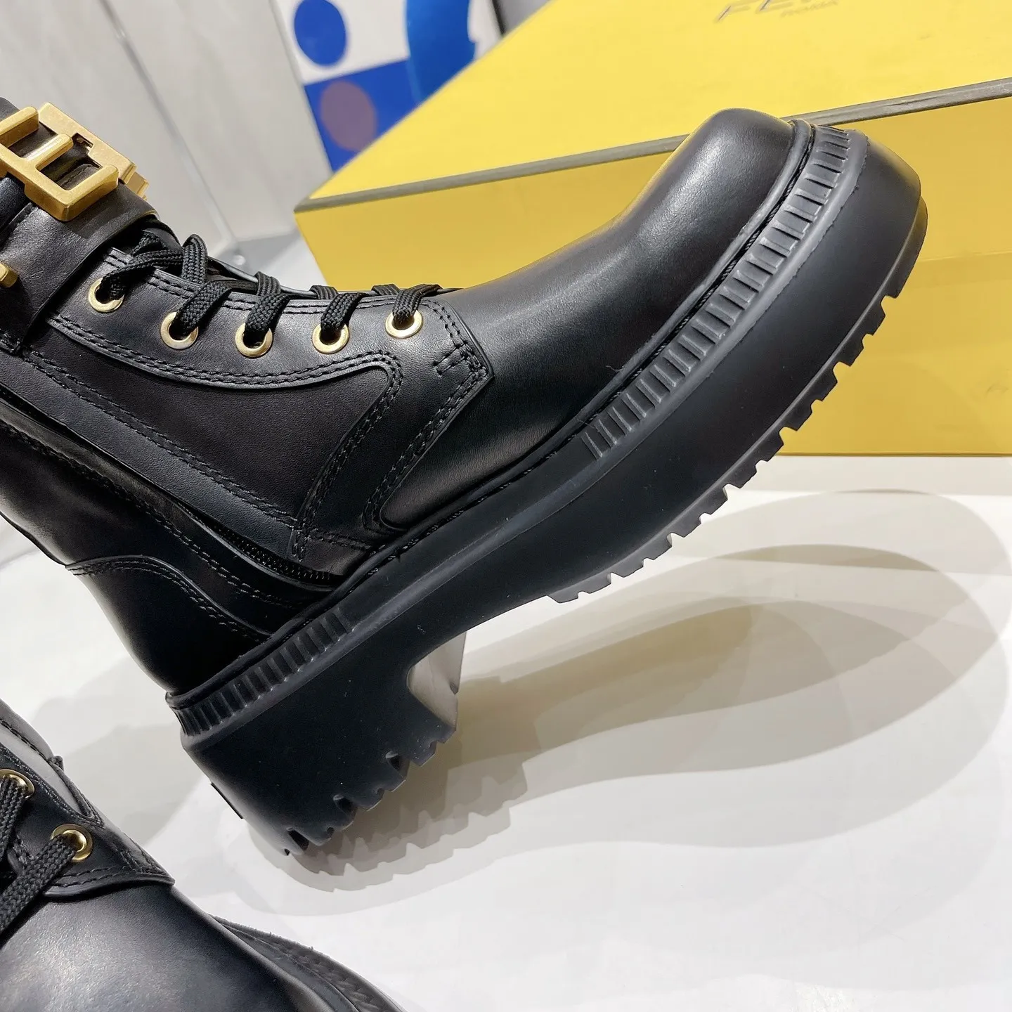 DHgate Black Leather Biker Boots with Gold Metal Zip and Round Toe Laces Shoes Accessories