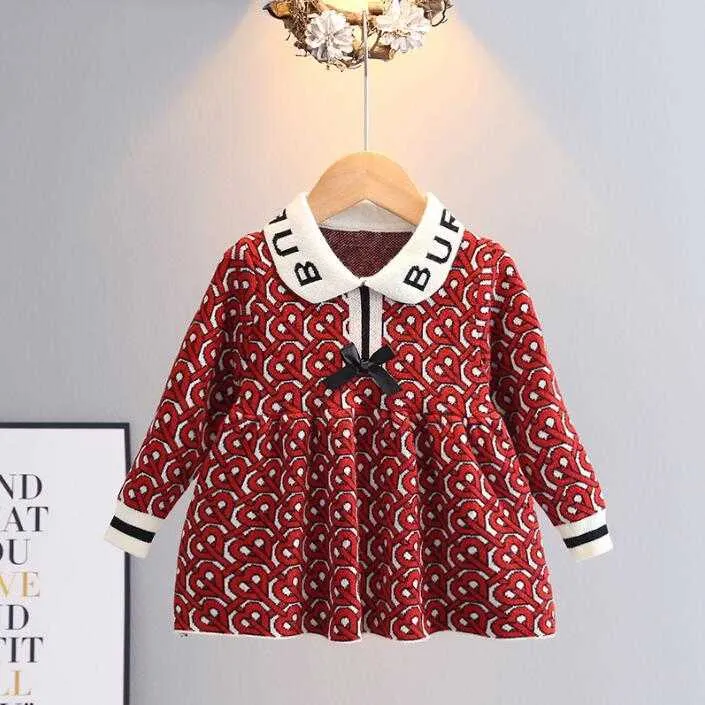 Great Quality Baby Girls Knitted Princess Dresses Spring Autumn Letters Printed Kids Long Sleeve Dress Children Bowknot Dress 1-6 Years