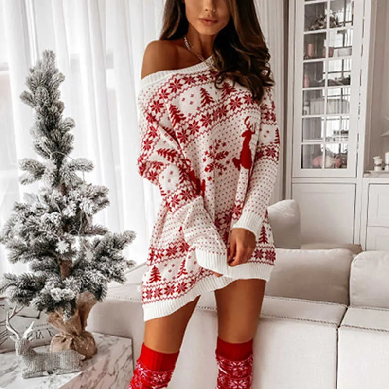 Suéteres femininos de Natal Jacquard Vestido de malha comprida Pullover de natal Mini Winter Warm Casual Loose 2022 Novo G221018