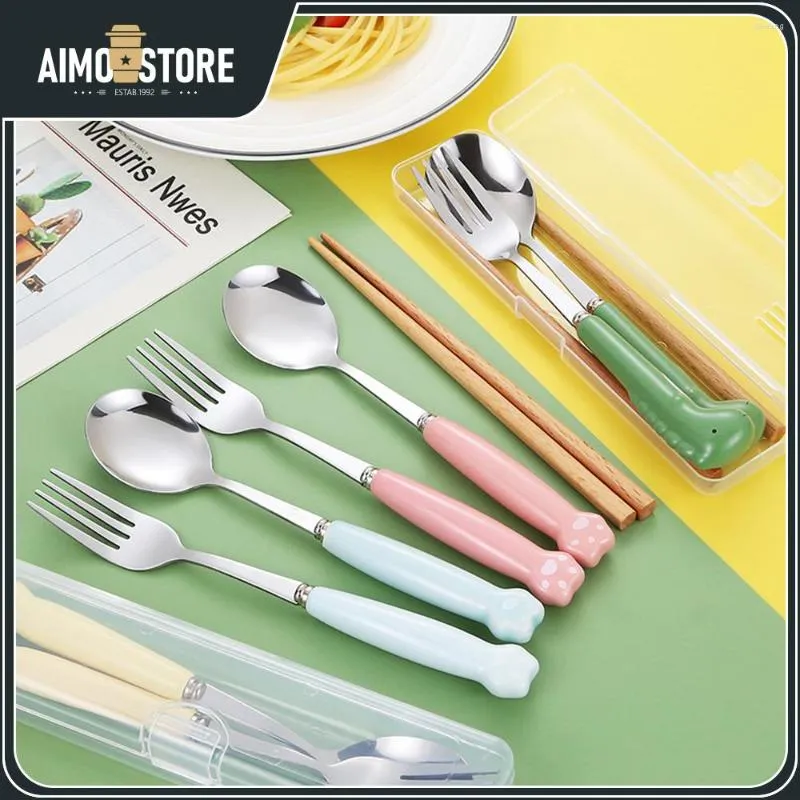 Dinnerware Sets 2pcs/3pcs Cartoon Stainless Steel Cutlery Set Children's Spoon Chopsticks Fork Japanese Ceramic Student Portable Lunch