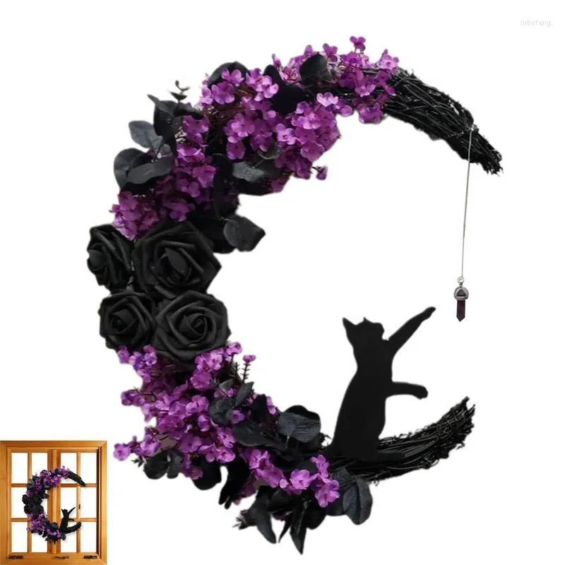 Decorative Flowers Halloween Wreaths For Front Door 35cm Gothic Witch Moon Shaped Rattan Black Wall