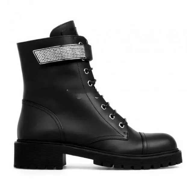 Combat Boots S Martin Boots de goma de goma de cuero negro Caity Crystals Caity Crystals de tobillo Booties Winter Fashion Brand