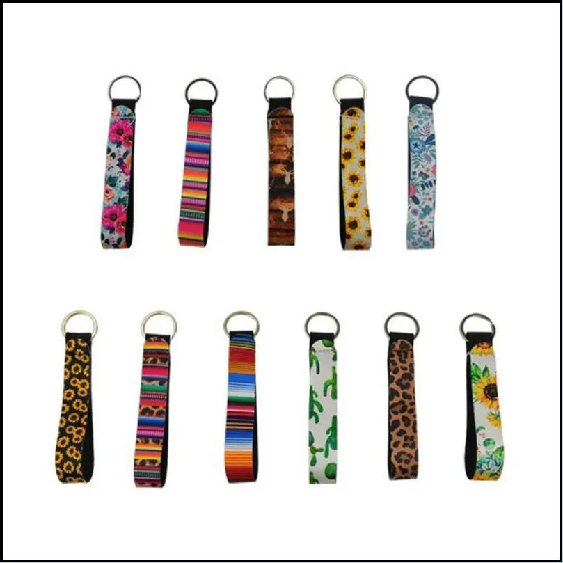 sbr leopard keychains floral printed key chain neoprene key ring wristlet keychain party favor 26 colors