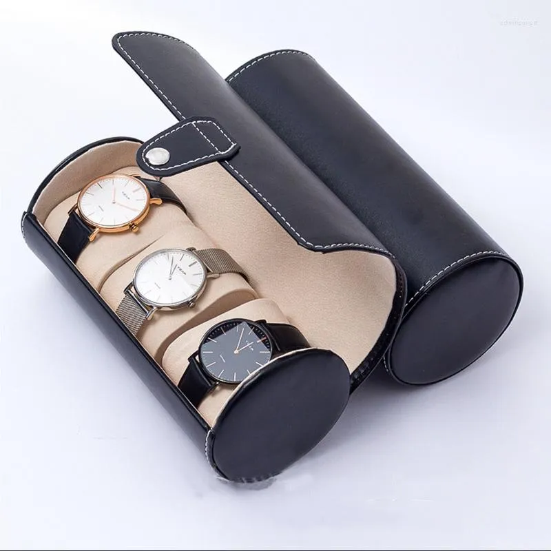 Watch Boxes Cylinder Travel Portable Storage Box Leather Jewelry Organizer Display Stand Gift Case Hasp Vintge Carrying