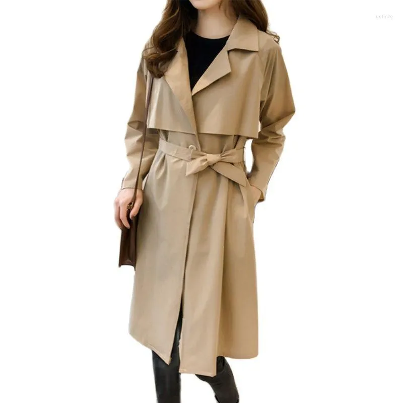 Women's Trench Coats Women Long Sleeve Mid Length Coat Elegant Loose Adjustable Waist With Belt Jacket Retro Korean Style Slim Windbreaker