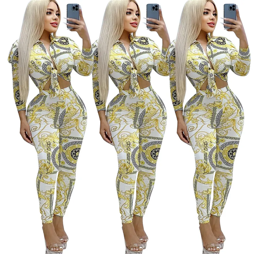 Fall Womens Two Piece Pants Set Outfits Printing Tracksuits Long Sleeve Single Breasted Shirt and Legging Bulk Item Wholesale Lots Clothing K9864-1