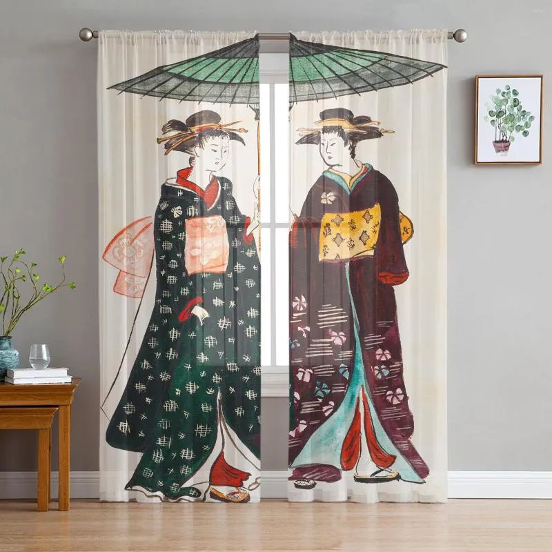 Curtain Kimono Japanese Female Geisha For Living Room Transparent Tulle Curtains Window Sheer The Bedroom Accessories Decor