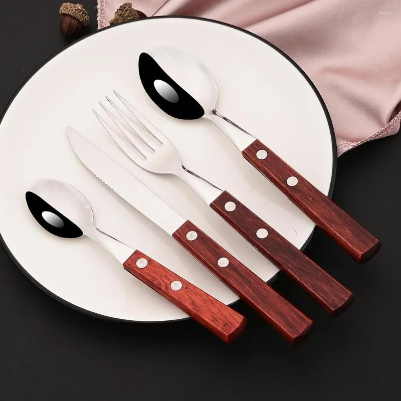 Set di stoviglie 16 pezzi Set di posate con manico in legno argento Set di posate in acciaio inossidabile 304 Coltello da bistecca Forchetta Cucchiaio Stoviglie Cucina completa