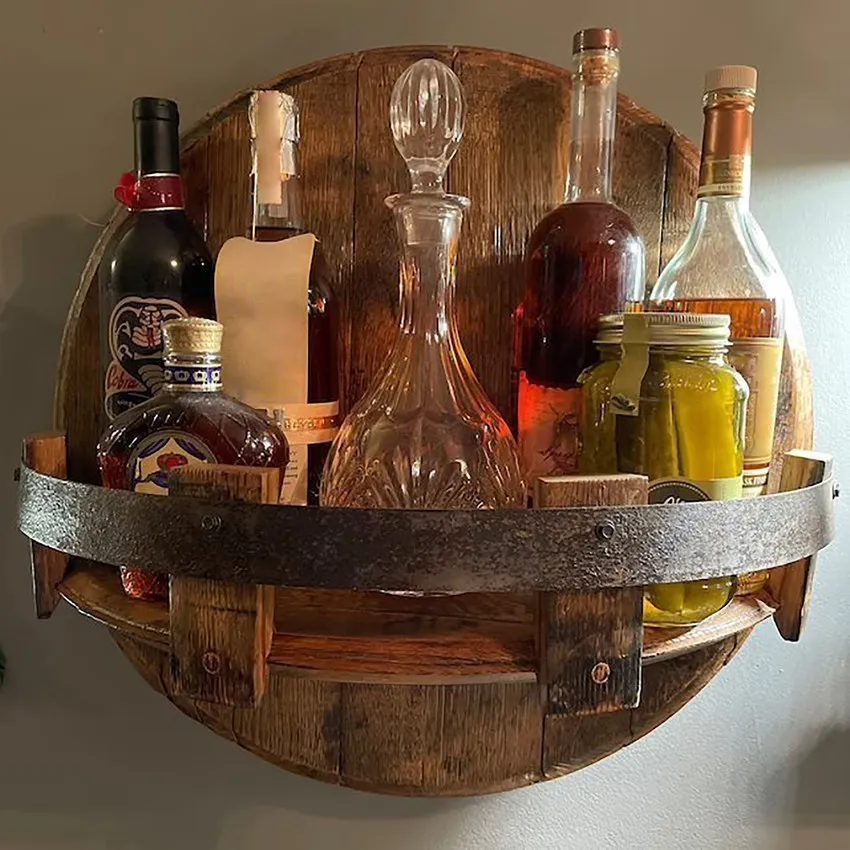 Storage Holders Racks Hand Crafted Liquor Bottle Display Wall Mounted Vintage Round Wine Shelf Wood Wine Rack Whiskey Rack Barware Bar Shelves