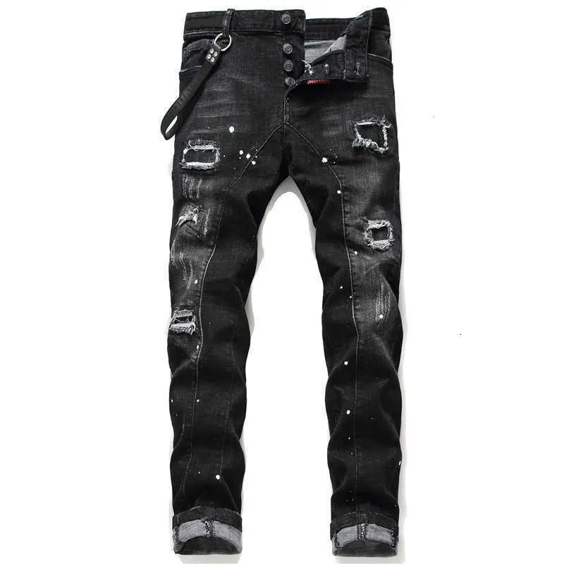 Pantalons pour hommes Jeans pour hommes Jean Pantalon hip hop Tendance de la rue Décoration de chaîne à glissière déchirée Stretch Noir Mode Slim Fit Washed Motocycle Denim