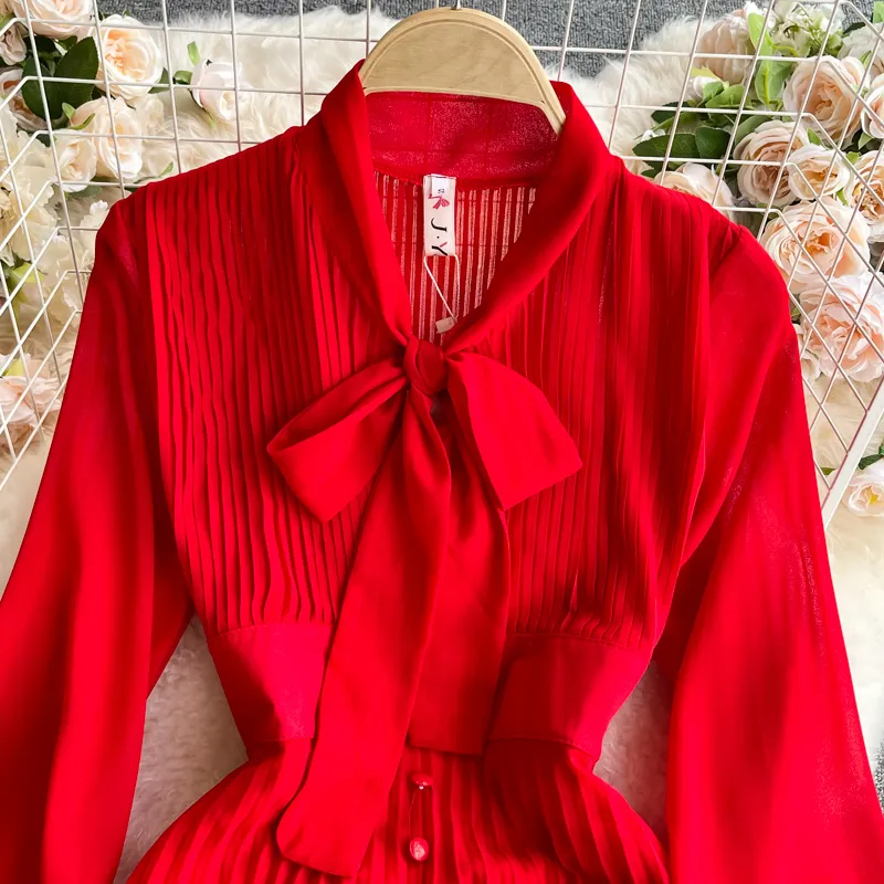 Red Vintage Long Sleeve Chiffon Shirt Dress with Pleated Waist and Bow  Detail, Ankle-Length A-Line Silhouette from Dhgate Basic & Casual Dresses -  price 38.2