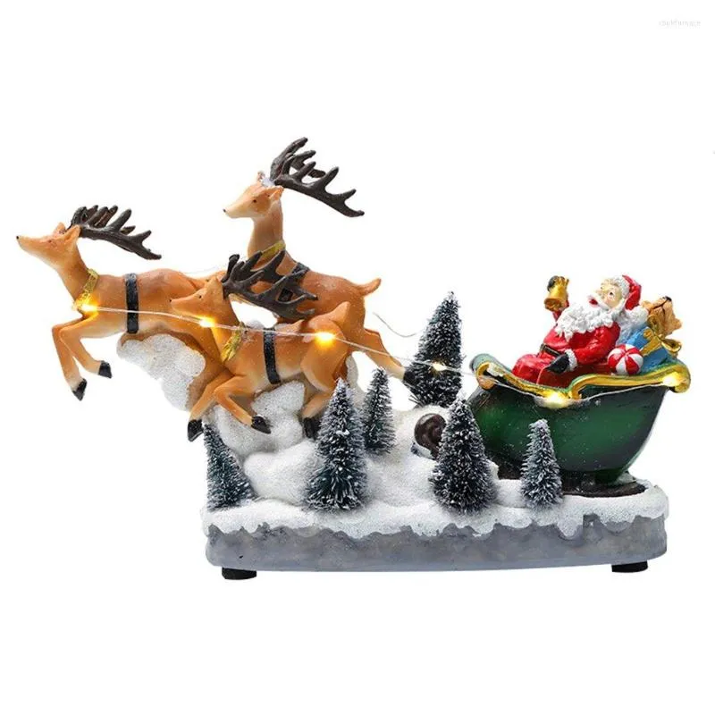 Décorations de Noël Lumière LED Figurine de vacances Assortiment de traîneau et de rennes du Père Noël Voiture de décoration avec chariot musical Artisanat en résine