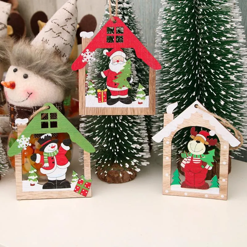 Décorations de noël 1/3/5 pièces Creative imprimé maison père noël évider pendentifs en bois ornements d'arbre enfants cadeau décor de noël Navidad