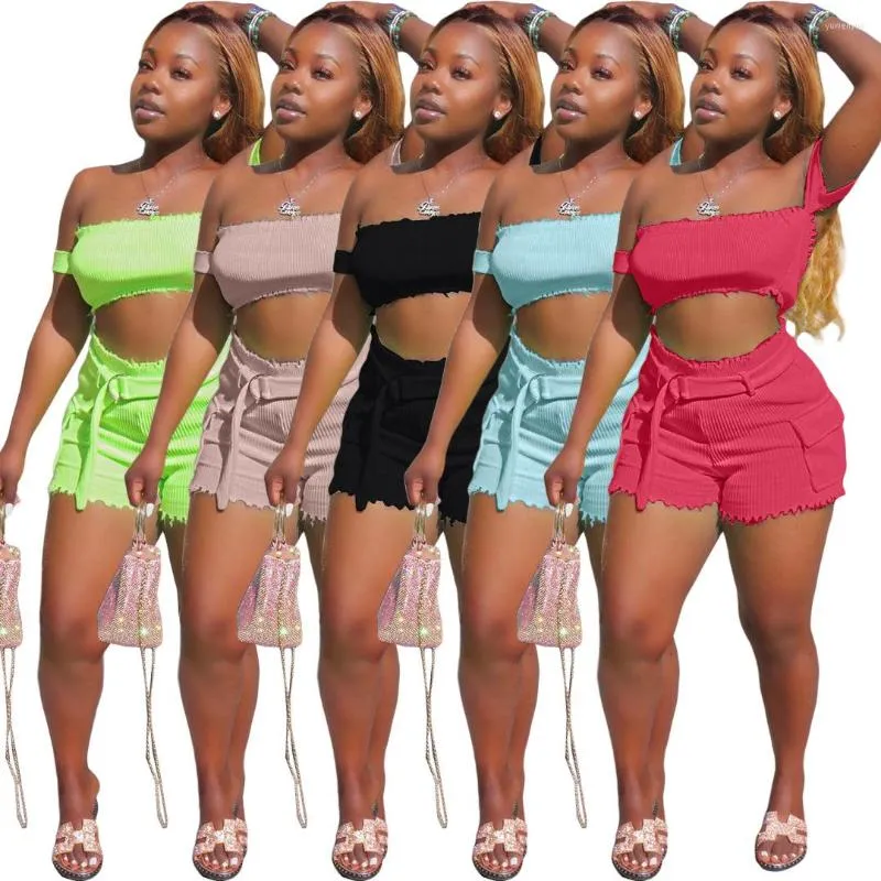 Women's Tracksuits 2022 Women Summer Solid Knitted Off Shoulder Short Sleeve Crop Top & Safari Shorts Suit Two Piece Set Tracksuit 5