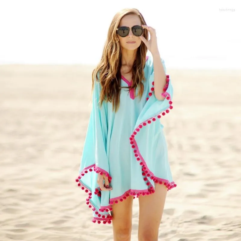 Women's Swimwear Women's 2022 Women Beach Cover Up Summer Chiffon Shirt Dress Tassel Loose Bikini Tunic Pareo Sarong C1929