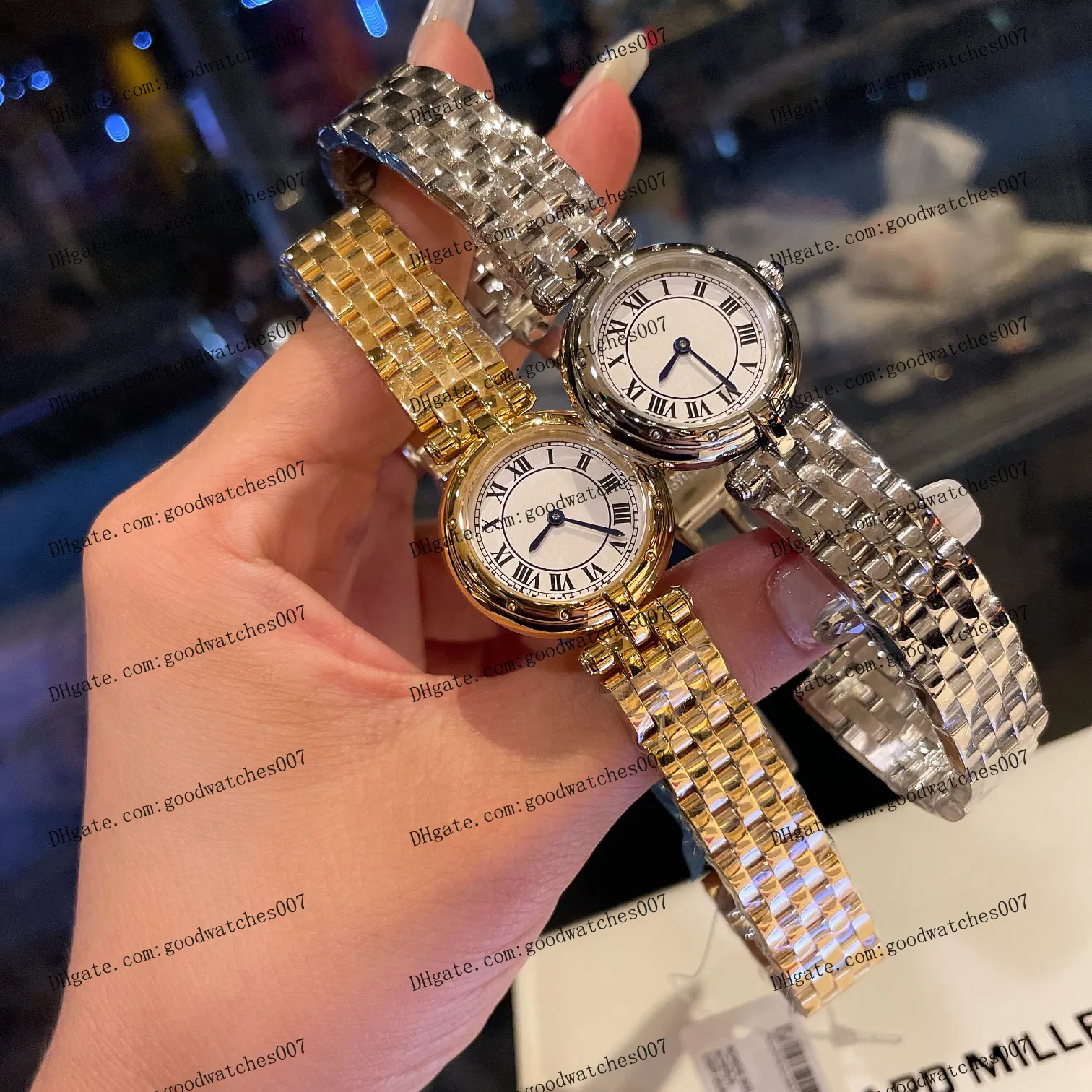 Orologio da donna di alta qualità Quadrante bianco da 27 mm Lunetta con diamanti di lusso Cinturino in acciaio inossidabile Orologio da polso in oro di moda Orologi d'argento Orologio con vetro zaffiro immagine fisica