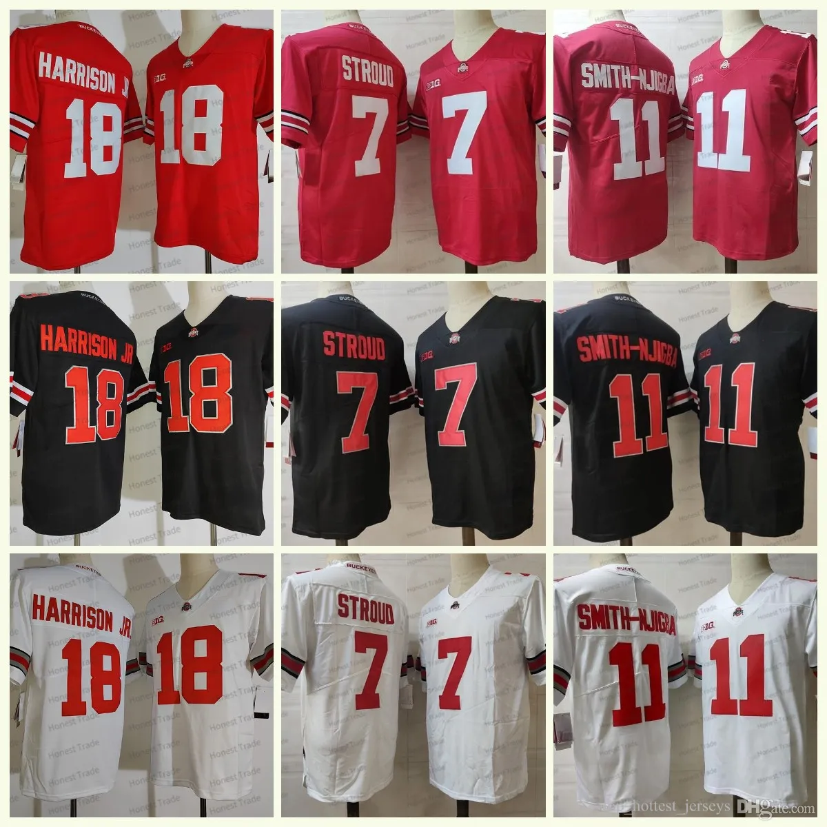 Koszulka piłkarska Ohio State Buckeyes 18 Marvin Harrison Jr. 11 Smith-Njicba 7 C.J. Stroud Czerwony Biały Czarny Koszulki męskie Stitched Rose Patch