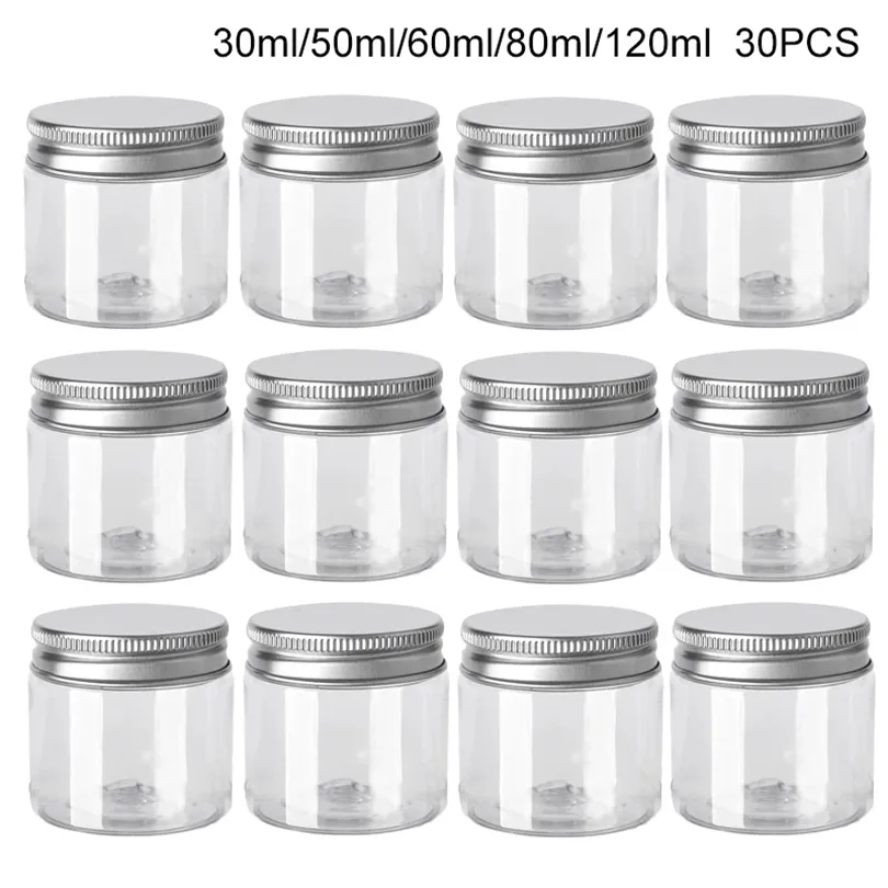 Bouteille de parfum 30pcs 50ml vides en plastique clair bocaux cosmétiques avec couvercle soins de la peau contenants de maquillage pilule crème échantillon pot pots à épices bouteilles de voyage 221027