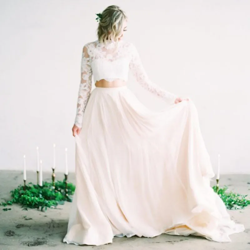 Eightale Boho Two Piece Beach Wedding Maxi Dress For Wedding With High Neck Appliques Lace Top A Line Chiffon Fabric And Sleeves From Meetyy 42.01 DHgate.Com