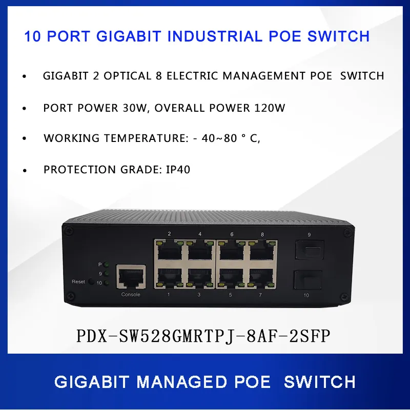 Gigabit 2-óptico 8-elétrico interruptor Poe 10 Porta Transceptor de rede de gestão industrial de gestão industrial