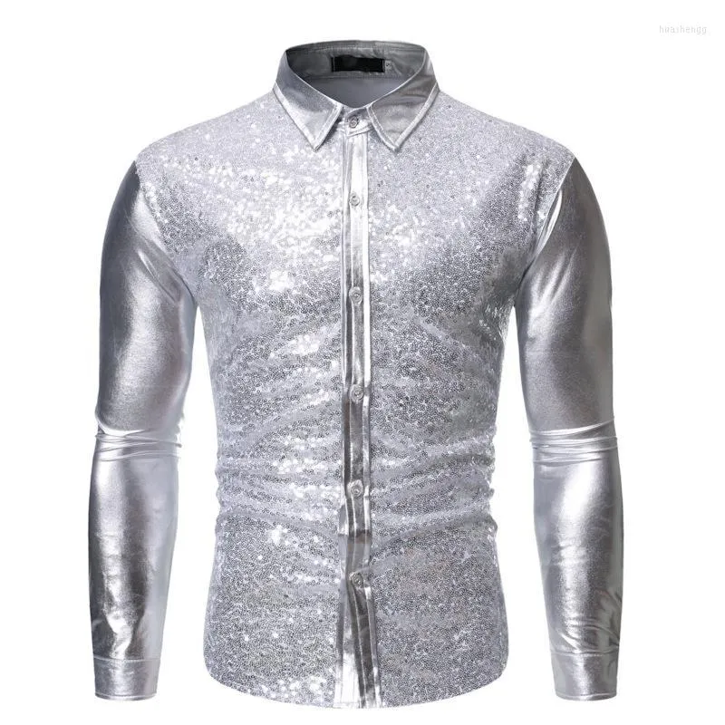 Men's Casual Shirts Men's Mens Silver Shiny Patchwork Shirt 2022 Long Sleeve Nightclub Wear Dress Men DJ Prom Stage Singer Costumes XL