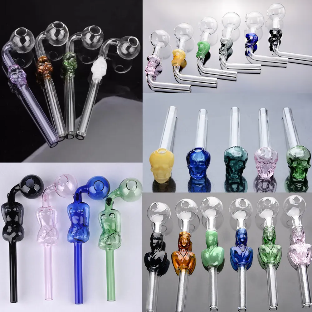 10 PCS Colorful Gass Hookah Skull Smoke Handle Pipe Curved Mini Smoking Pipes Hand Blown Recycler Oil Burner