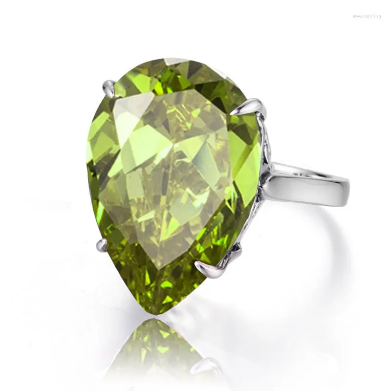 Küme Halkaları Gözyaşı Damla 16 21mm Yeşil Peridot Halkası Kadınların Sterling Gümüş