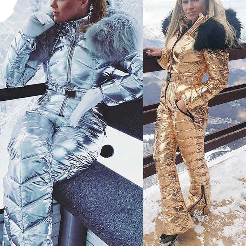 Skiing Suits New Shiny Silver Gold One-Piece Ski Suit Women Winter Windproof Skiing Jumpsuit Snowboarding Suit Female Snow Costumes L221008