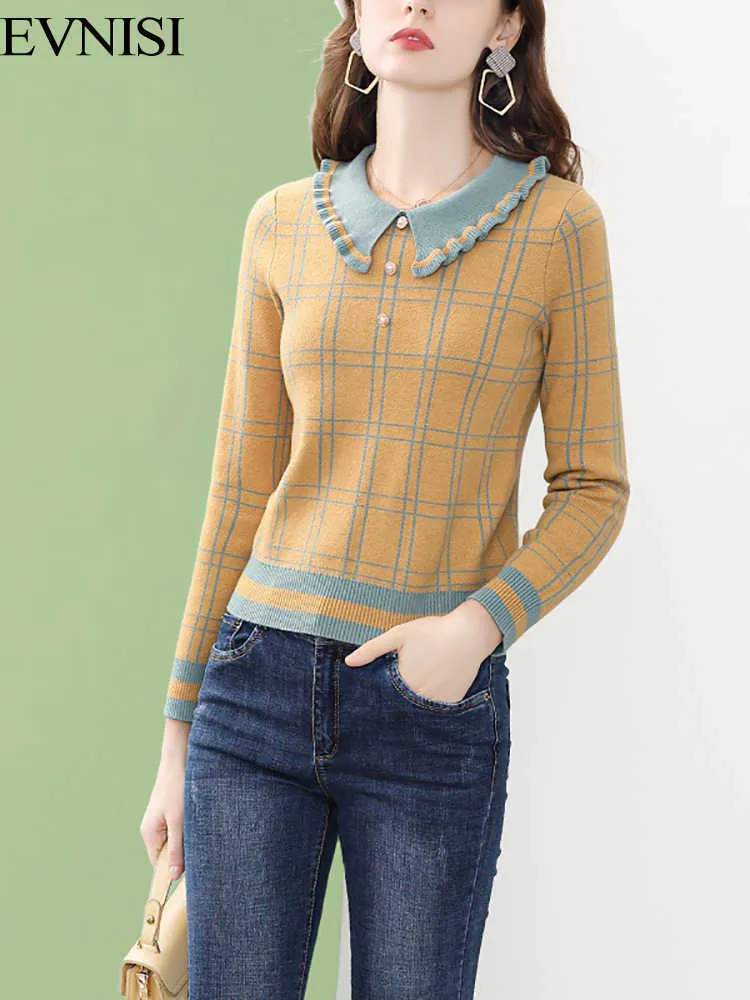 Camisolas femininas Evnisi Mulheres amarelas blusas de malha xadrez Peter Pan Collar Casual Manga longa Tops de malhas de inverno