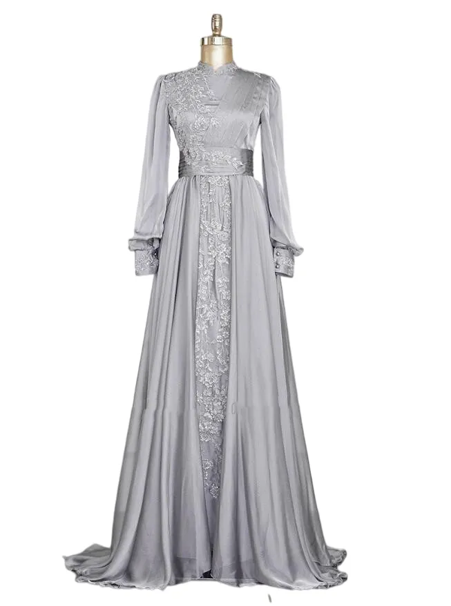 Grey Lace Stain Muslim Evening Formal Dresses High Neck Long Sleeve Hijab Kaftan Middle East Prom Gown Vestido longo de format