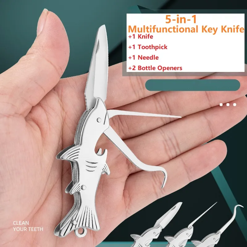 Zahnstochermesser aus Edelstahl 304, 5-in-1-Multifunktions-Schlüsselanhängermesser mit Flaschenöffner zur Zahnentfernung, ultrafeiner Zahnhaken, Häkelnadel, Outdoor-EDC-Werkzeug