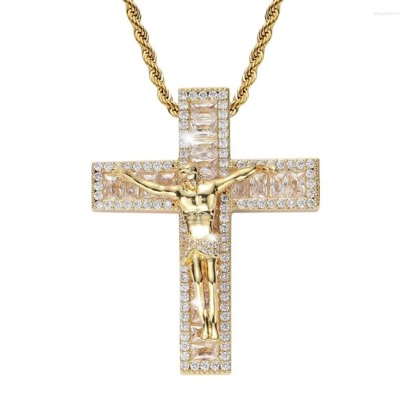 Ketten Hip Hop Herren Iced Out Gold Christus Kreuz Jesus Anhänger Halskette Schmuck Geschenk für Männer Frauen mit Seilkette