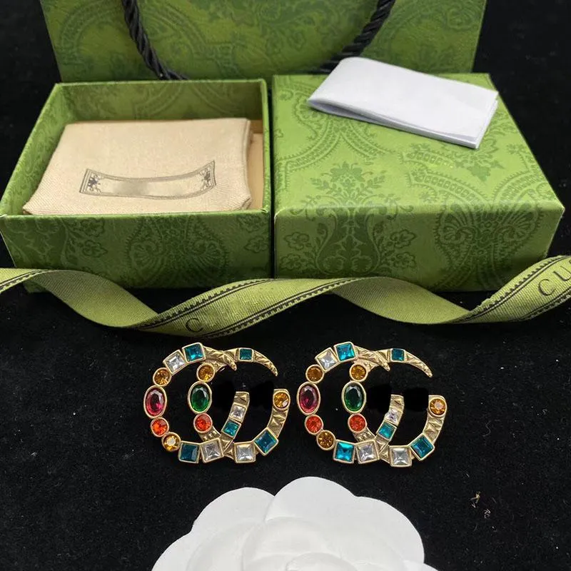 No Box Luxury Style Women Designer Studs Colorful Diamonds Brass Fashion Couple Boucles d'oreilles