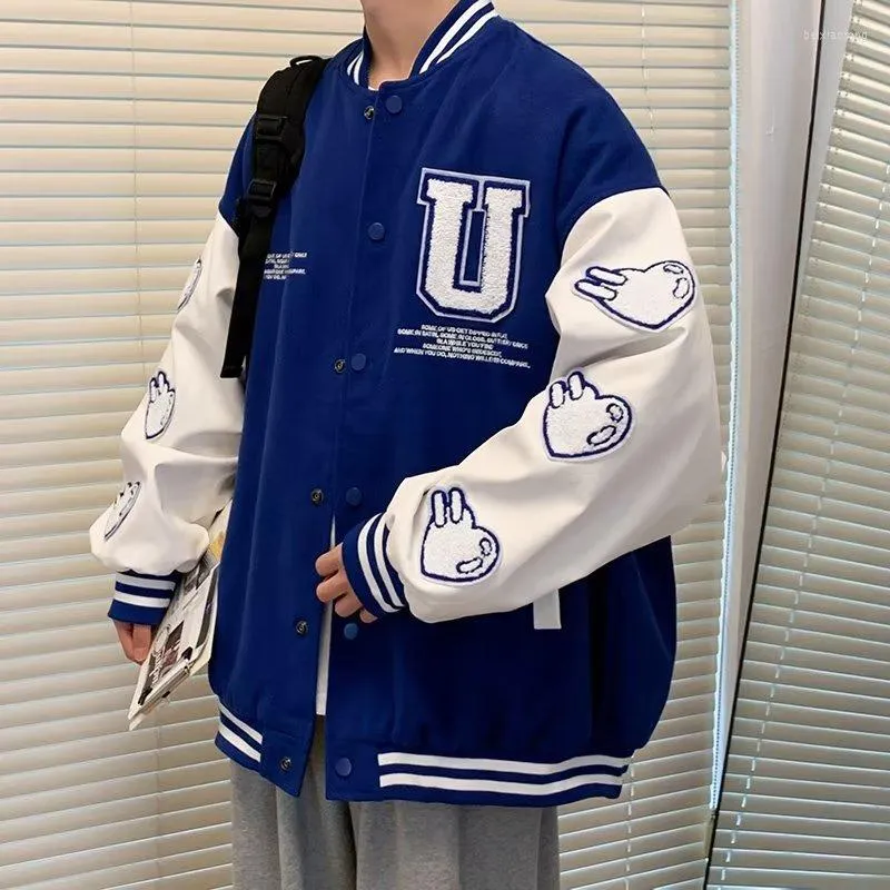 Erkek Ceket Hip Hop Beyzbol Ceket Erkekler Sokak Giyim Retro Pu Sleeve Deri Nake Paltolar Erkek Harajuku Nötrler Mavi Varsity Bombacı