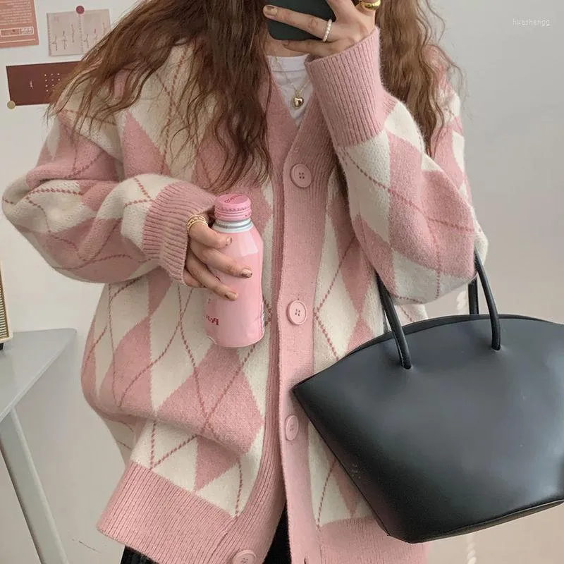 Women's Knits Women's & Tees Cardigan Women Knitted Sweater Argyle Loose Single Breasted Student Lovely Knitwear Korean Oversize Winter