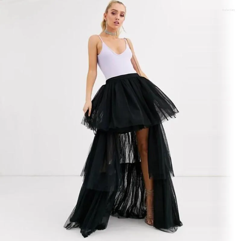 スカートMujer Faldas 2022 Black High Low Women Tulle Ruffles Tiered Long Zipper Fashion Tutu Maxi Skirt