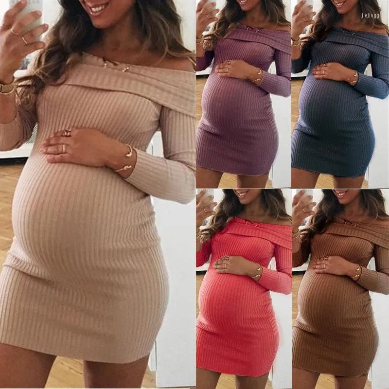 Casual jurken zwangerschapskleding dames slash nek kraag vaste kleur lange mouwstijl comfortabele zwangerschapsslijtage Vestidos OM8733