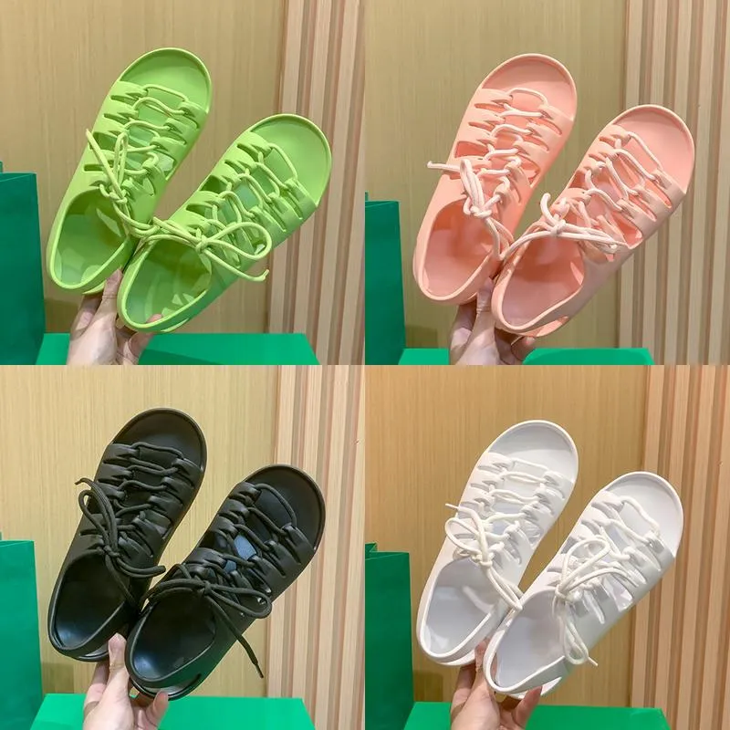 Lace-Up Flat Sandals Women Slides Seagrass Beach Shoes Womens Sandal Luxury Designer Slipper Flamingo Grass Black White Summer Jelly Rubber