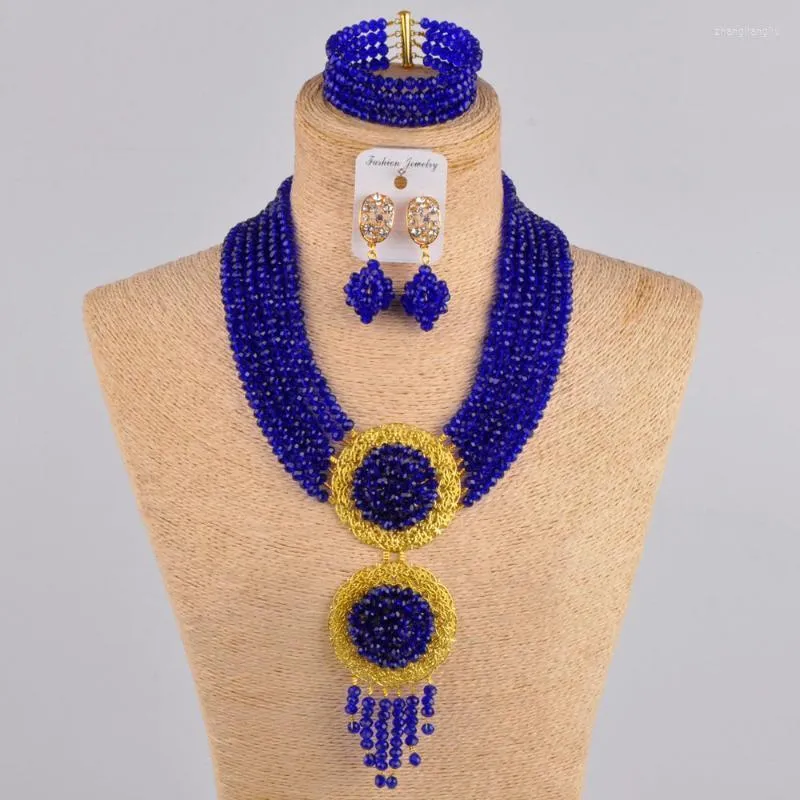 Halsbandörhängen set Royal Blue African Beads Jewelry Nigerian Crystal Pärled Set for Women 6Cls01