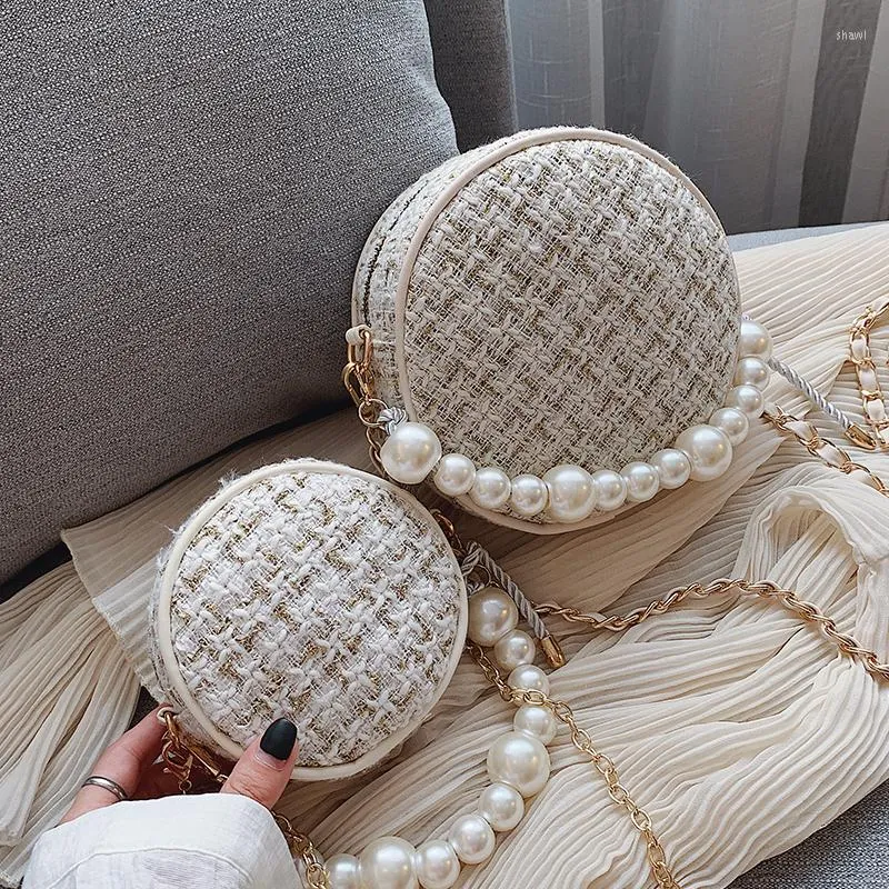 Evening Bags Elegant Female Round Pearl Tote Bag 2022 Fashion High Quality Woolen Women Designer Handbag Chain Shoulder Messenger #40