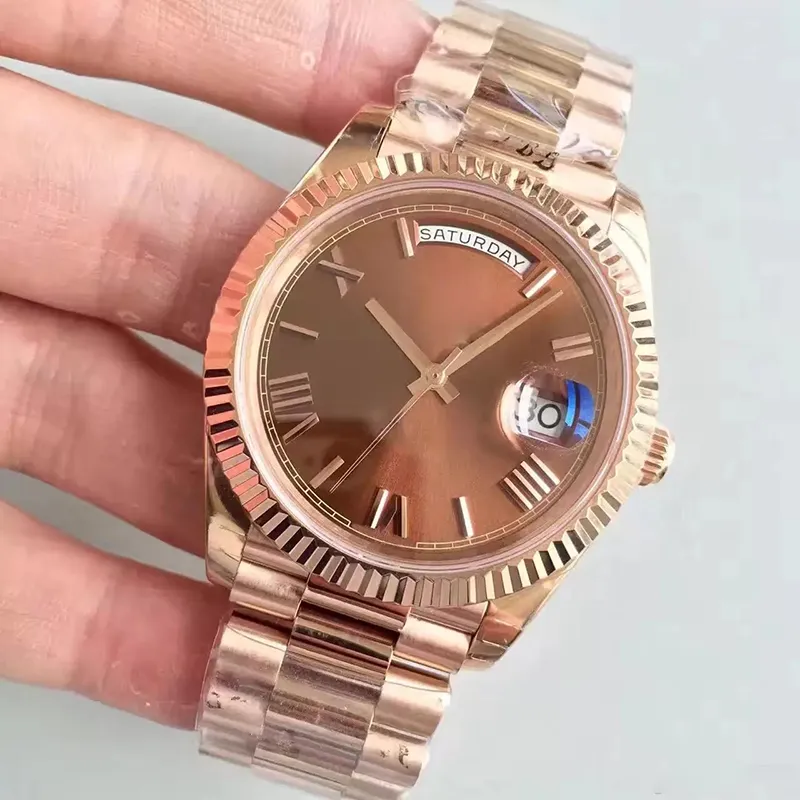 Se 41mm Roman Number 18ct Rose Gold Shell Chocolate Dial Automatisk mekanisk rörelse Sapphire Glass