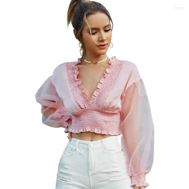 Women's Blouses 2022 Summer Fashion Trend Sweet Wind Girl Lantern Sleeve Top Sexy Low-Cut Navel Ear Edge Short Style Chiffon Blouse