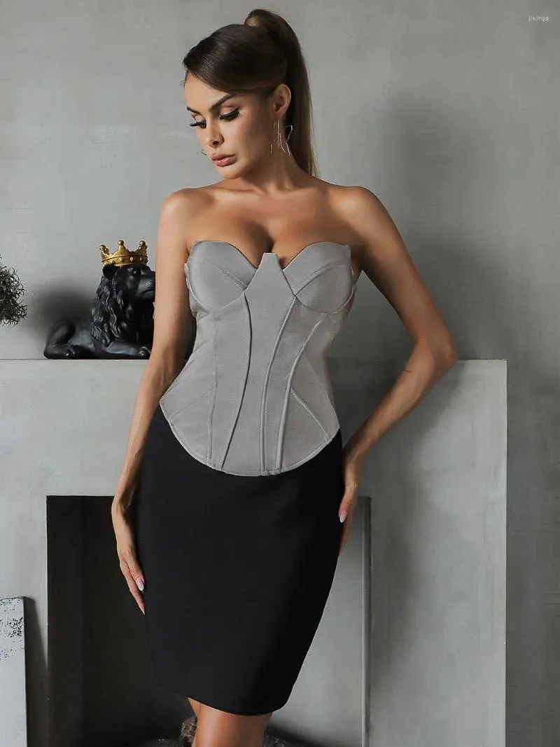 Sukienki swobodne 2022 Przyjazd szary patchwork z rękawów na ramię Bodycon Bandage Sukienka Elegancka moda na imprezę wieczorową Vintage