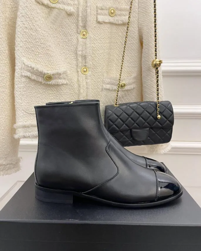 Luxury Designer Womens Low Heel Ankle Boots With Black Round Head, Flat