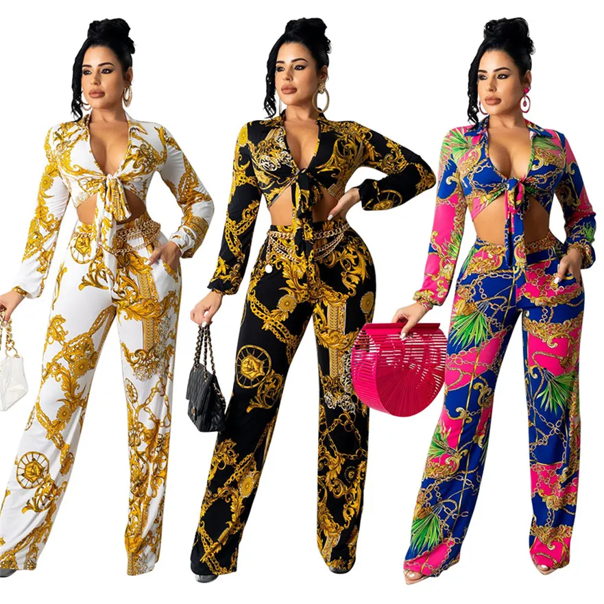 Fall Womens Two Piece Pants Set Outfits Printing Tracksuits Long Sleeve Single Breasted Shirt and Legging Bulk Item Wholesale Lots Clothing K9864