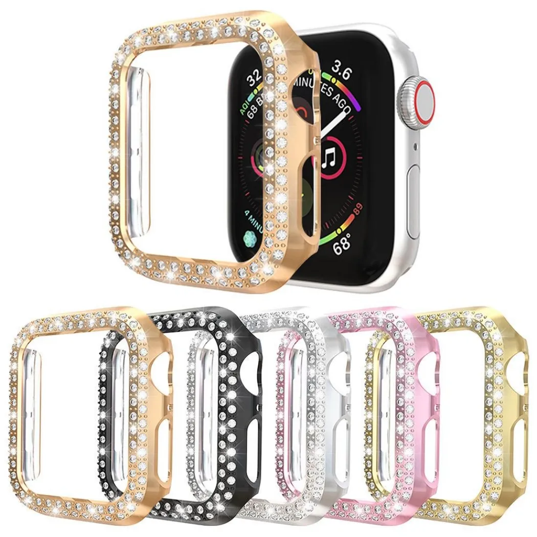 Dubbelrader Diamond Case f￶r Apple Watch 8 Ultra 49mm SE Series 7 6 5 4 3 Lyxiga kvinnor damer t￤cker PC Diamonds Protector st￶tf￥ngarfodral Iwatch 45mm 41mm 40mm 44mm 38mm 42mm