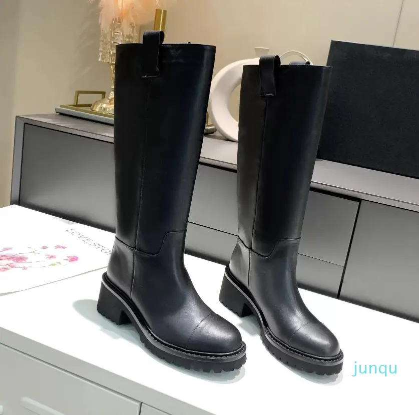 2021 Square toes knightly Platform luxury designer Boots wellingtons boot low heel female women White black brown Khaki knees Fashion barreled stretch