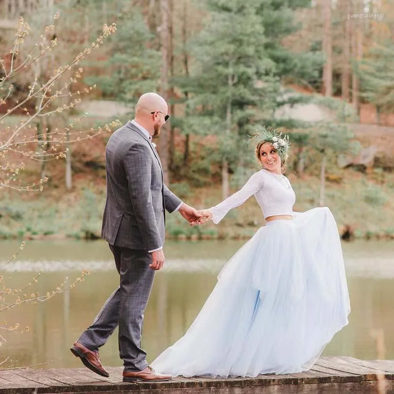 Gonne Romantico Azzurro cielo A-line Gonna lunga in tulle per cerniera da sposa con strascico 2022 Faldas Saia Longa