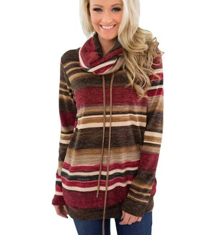 Frauenpullover Rollkragen Frauen Herbst Winter Langarm 2019 Gestreifte Mehrfarbige Lässige Pullover Spitze Up Gestrickte Tunika G221018